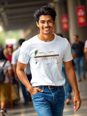 Radhey Radhey with flute in hindi white regular fit t-shirt